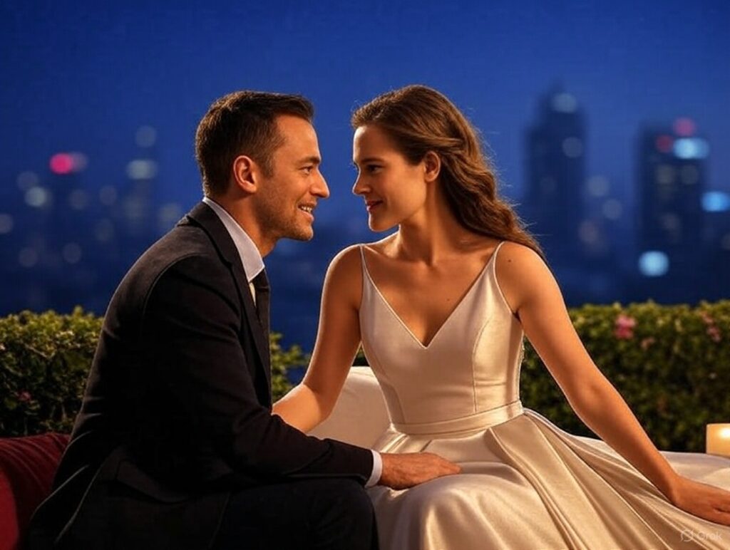 Reifer Mann mit hübschem jungen Mädchen mit Stadt im Hintergrund