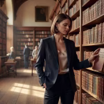 Was ist Ihre ideale Frau? Junge selbstbewusste Frau beim Stöbern in historischer Münchner Buchhandlung