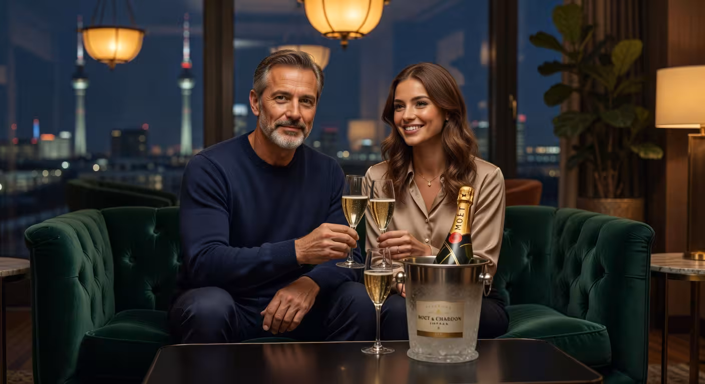 Paar stößt in luxuriösem Berliner Hotel an, Beginn eines erfolgreichen Arrangements